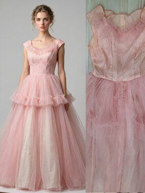 Vtg 40s handmade tulle & lace gown